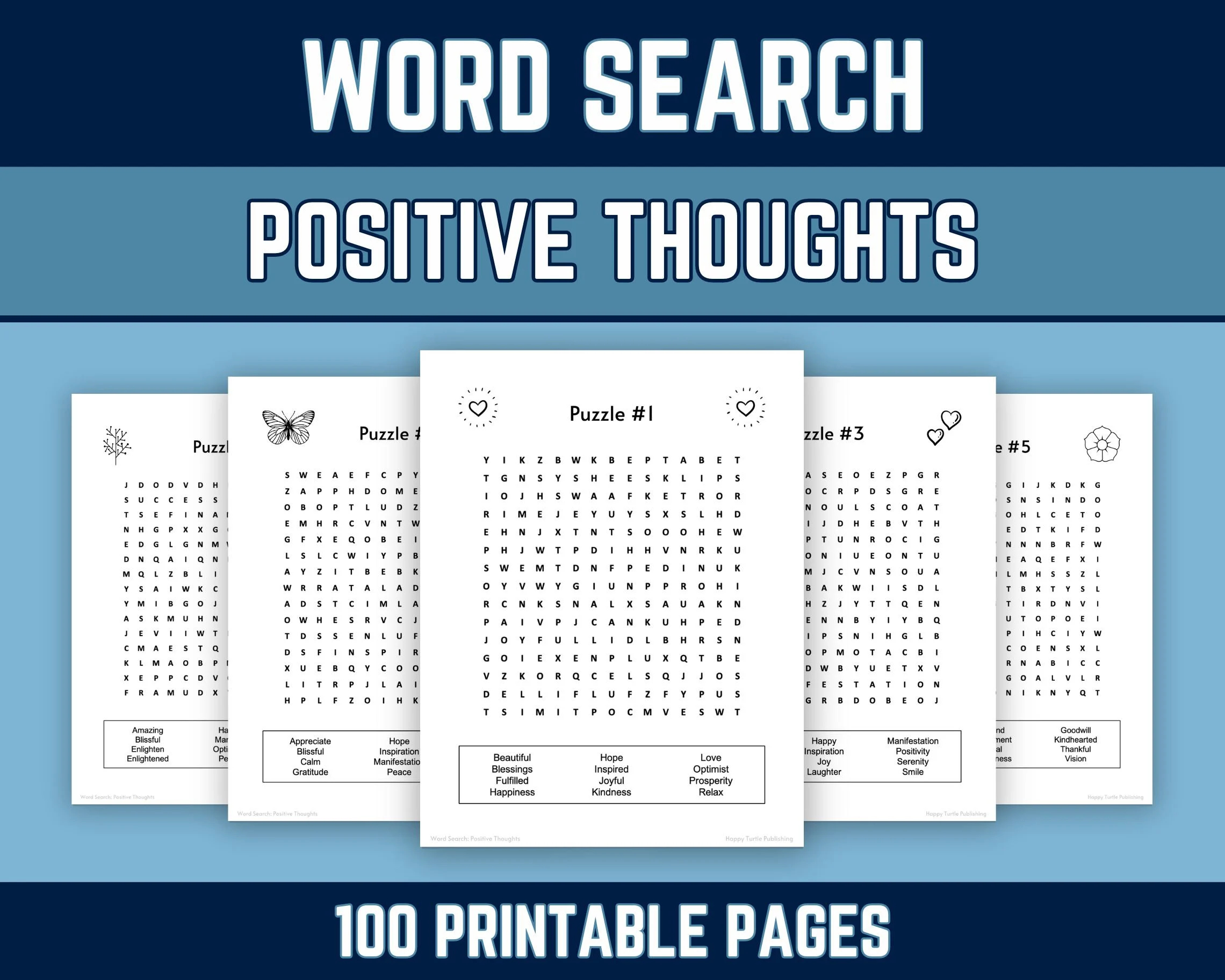 100 Printable Word Search Puzzles Positive Thoughts Uplifting Words Motivational Messages For Kids Adults Seniors PDF Download