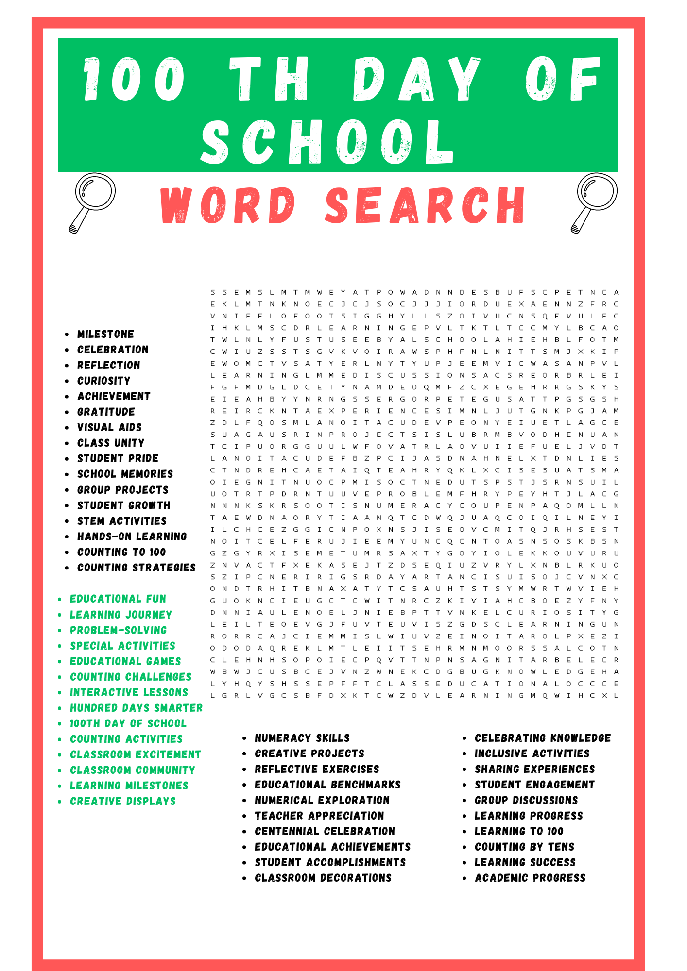 100 TH DAY OF SCHOOL WORD SEARCH PUZZLE WORKSHEETS ACTIVITIES FOR KIDS Made By Teachers