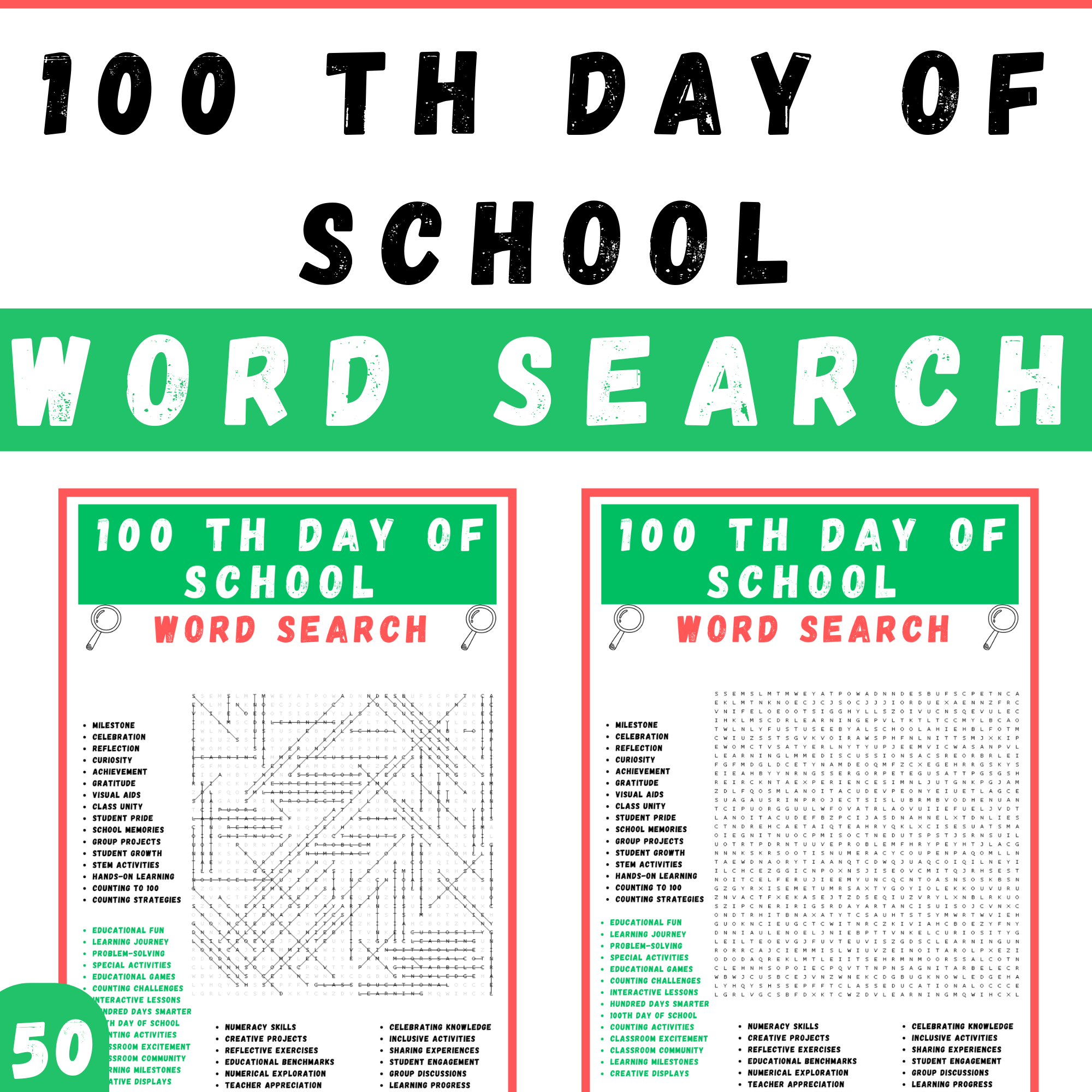 100 TH DAY OF SCHOOL WORD SEARCH PUZZLE WORKSHEETS ACTIVITIES FOR KIDS Made By Teachers