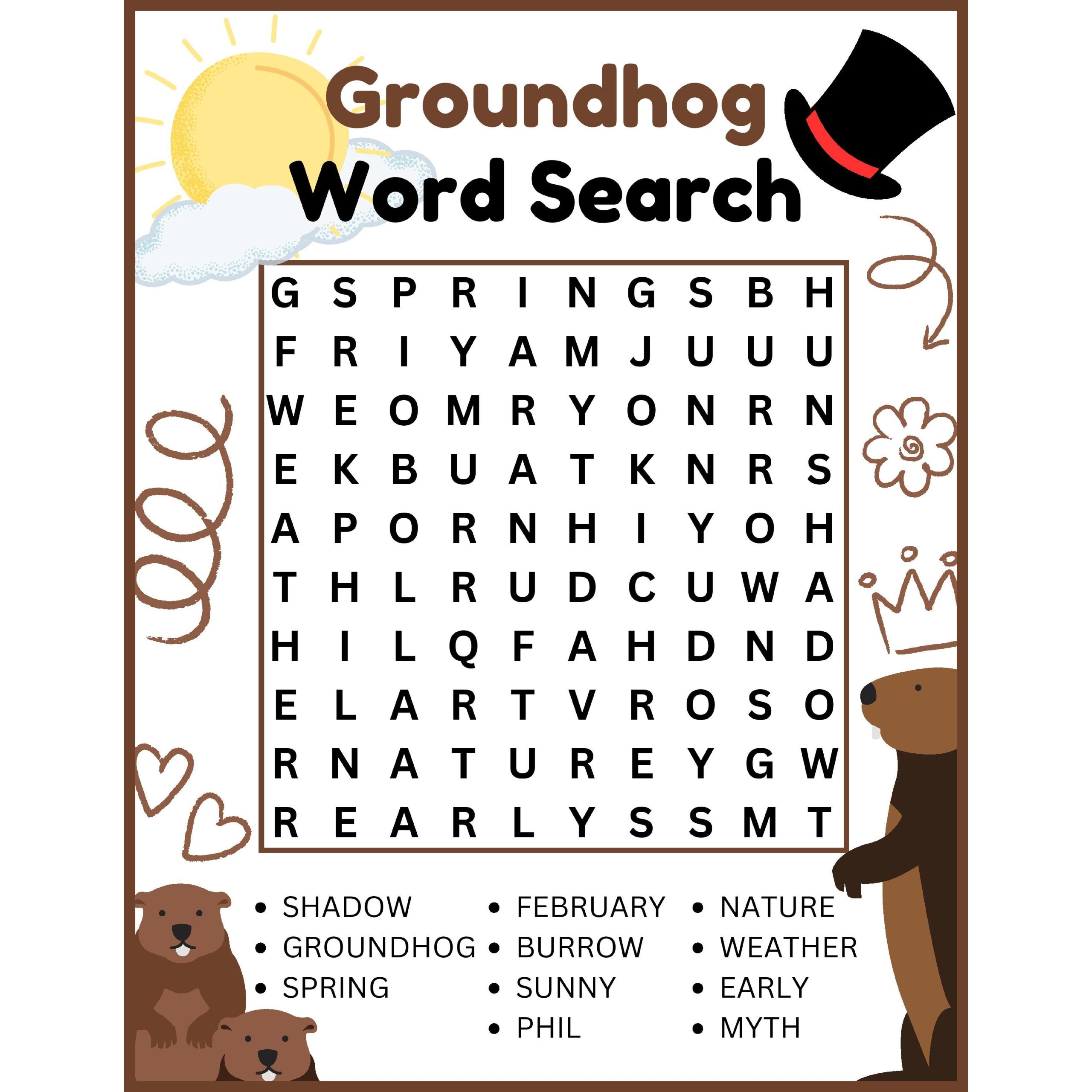 1st Grade 2nd Grade Groundhog Word Search Puzzle Worksheet Activity