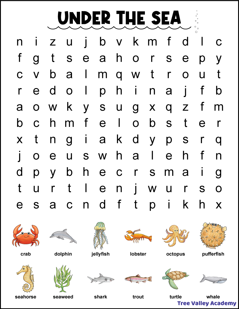 1st Grade Ocean Word Search Tree Valley Academy