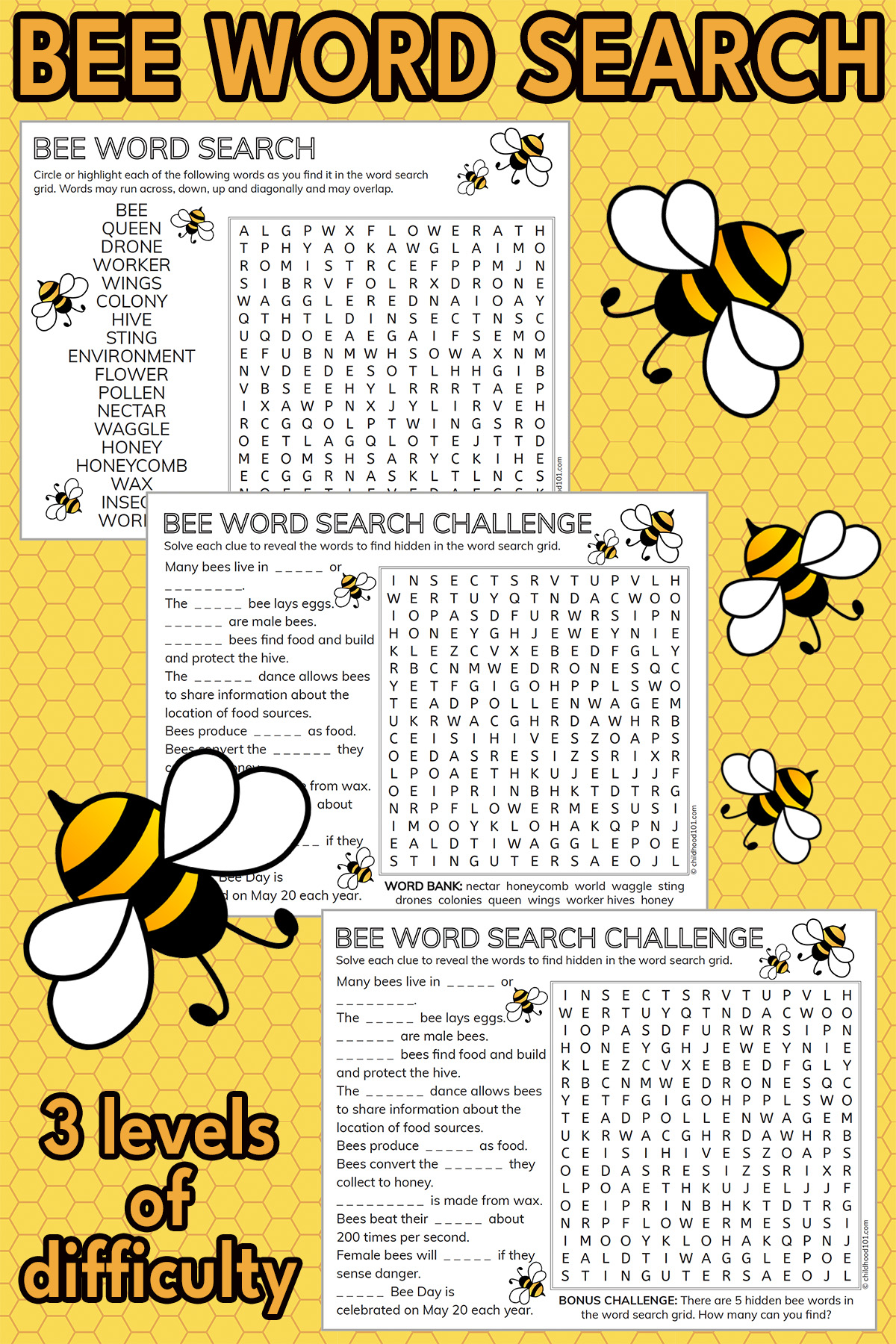 3 Bee Word Search Printables With A Fun Bee Challenge