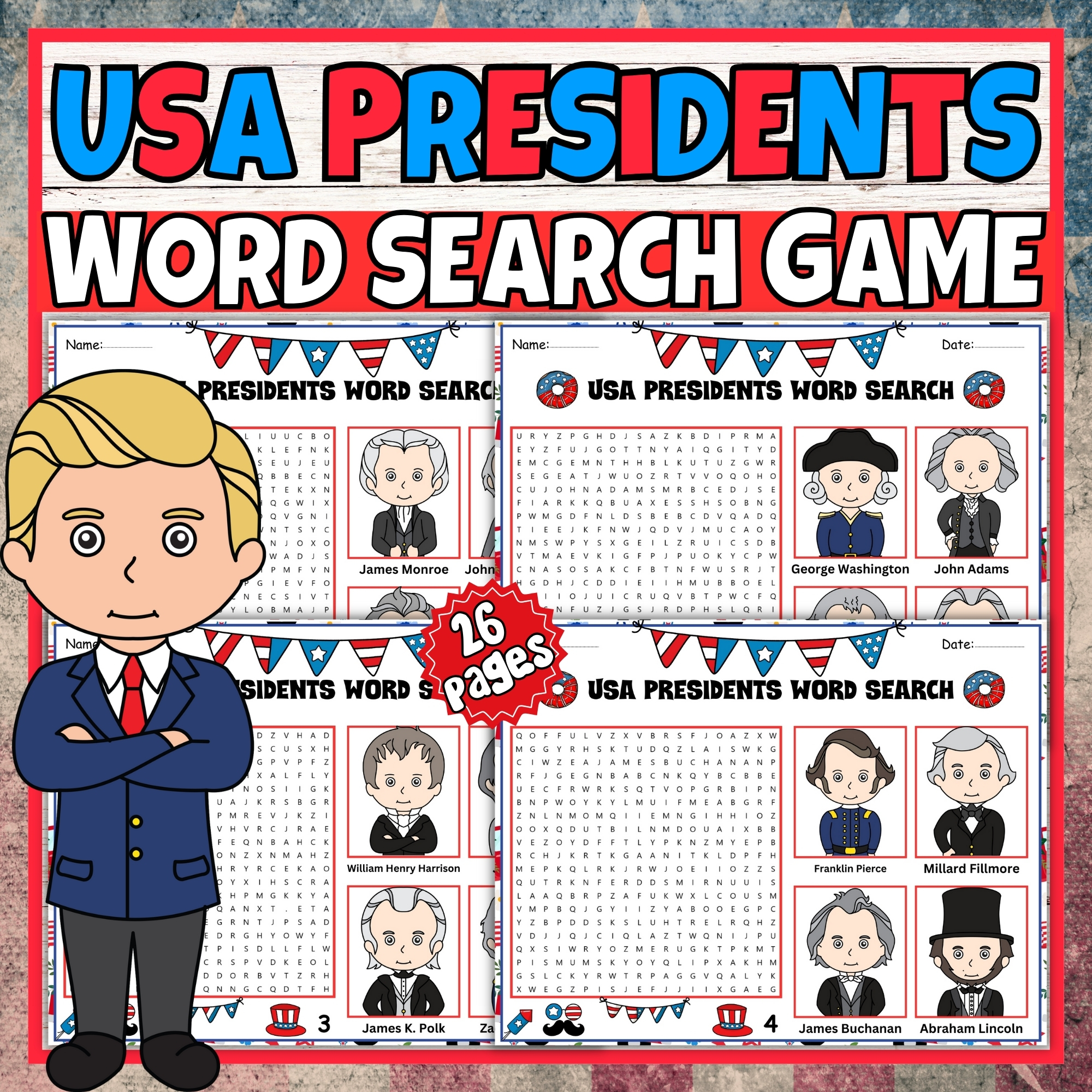 45 USA Presidents Day Word Search Game puzzle Craft Activity 