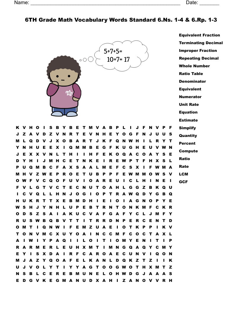 6TH Grade Math Vocabulary Words Standard 6 Ns 1 4 U0026 6 Rp 1 3 Word Search WordMint