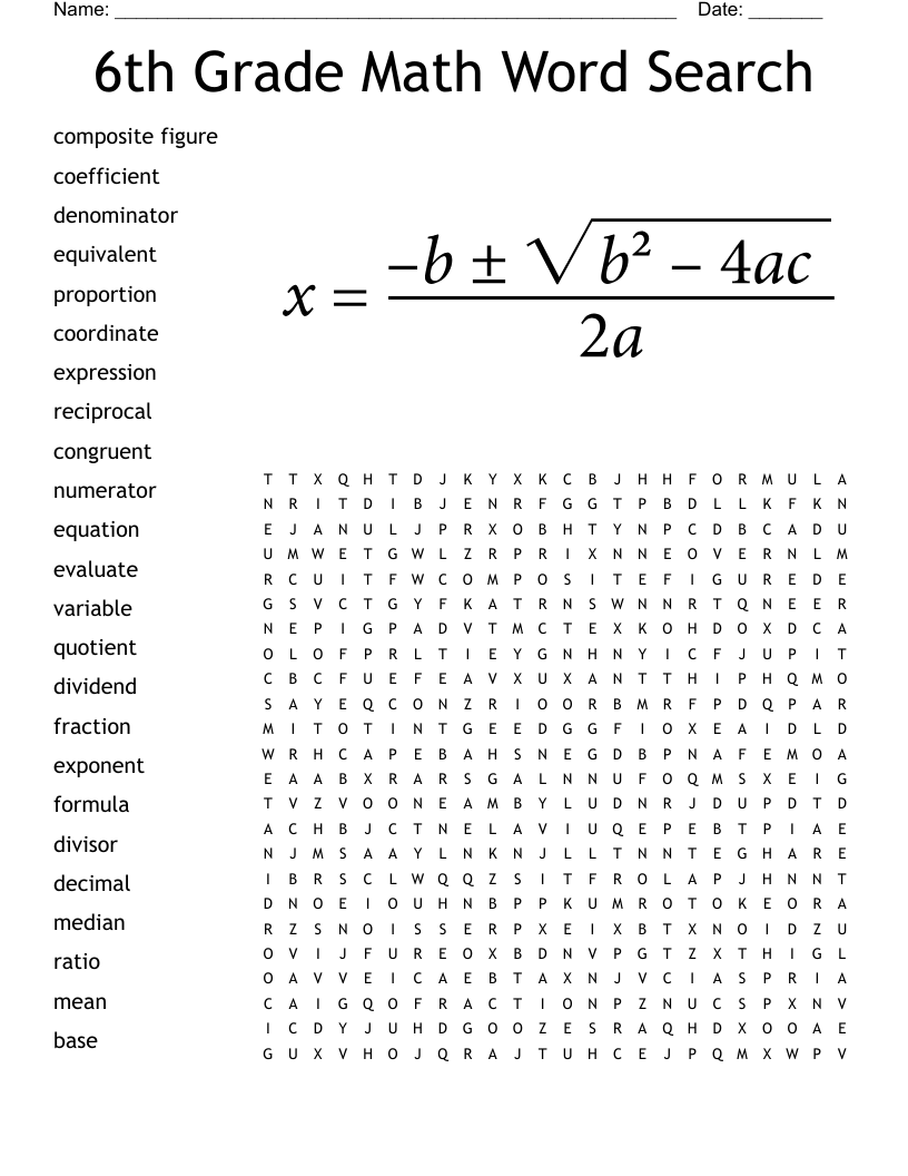 Math Word Search 6th Grade