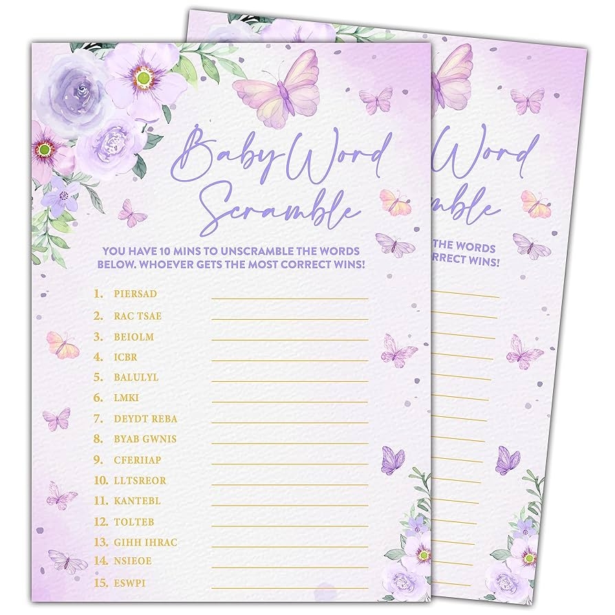 Amazon Butterfly Kisses Baby Shower Games 30 Baby Word Scramble Game Cards With 1 Answer Card Gender Reveal Party Supplies Favors 5 x7 B01 Home Kitchen Amazon Butterfly Kisses Baby Shower Games 30 Baby Word Scramble Game Cards With 1 Answer Card Gender Reveal Party Supplies Favors 5 x7 B01 Home Kitchen