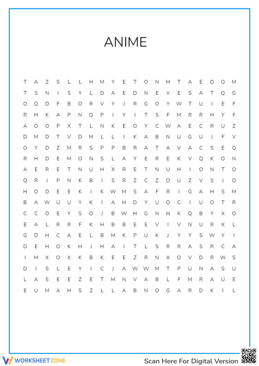 Anime Word Search Printable Free