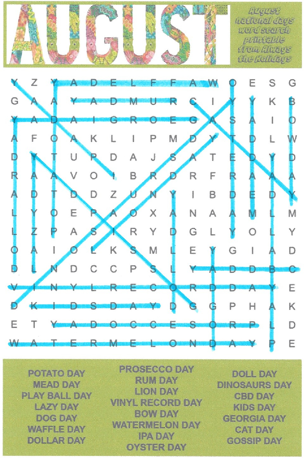 August Word Search Printable National Days Word Find Puzzle