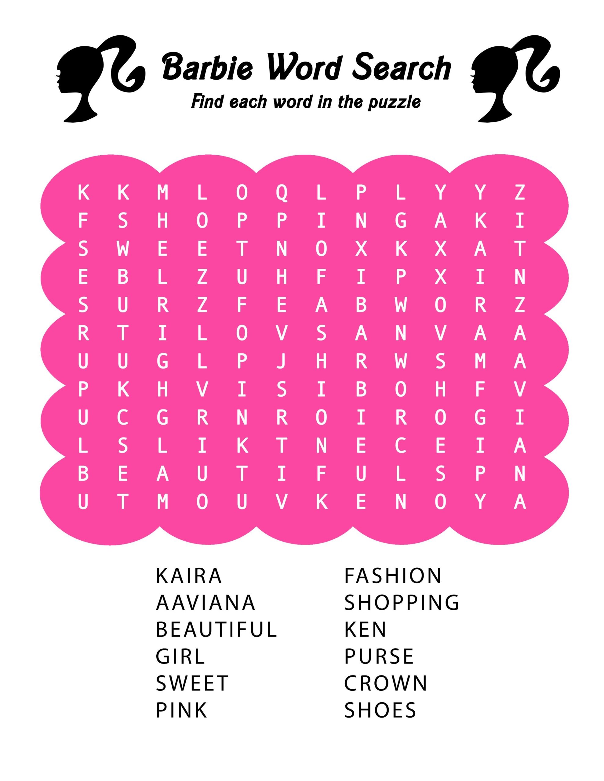 Barbie Birthday Party Activity Personalized Word Search