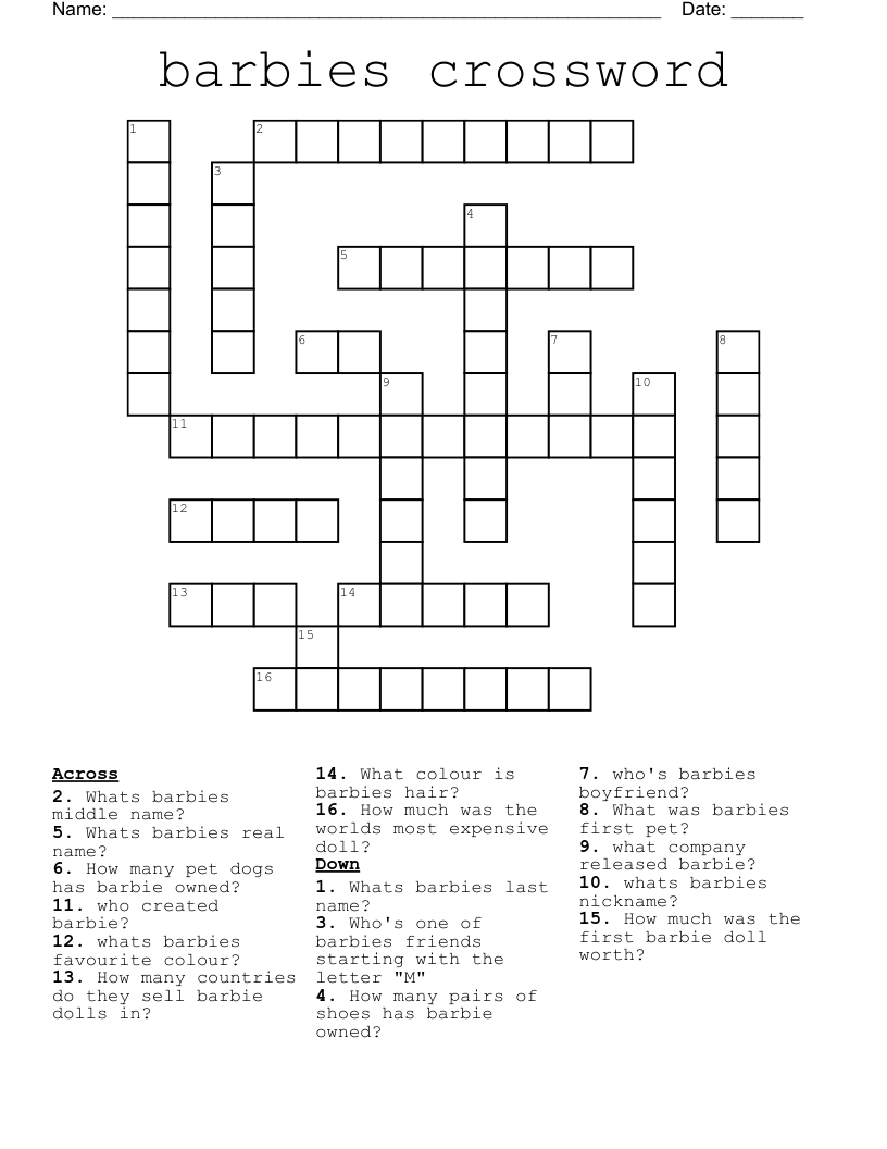 Barbie Crossword WordMint Barbie Crossword WordMint