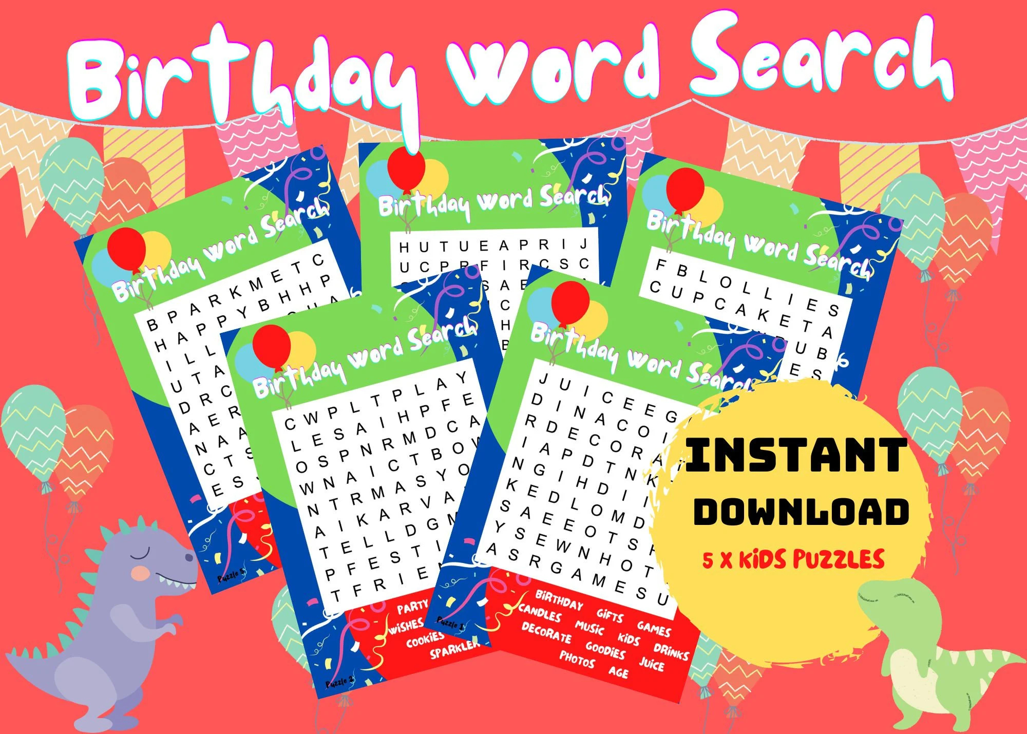 BIRTHDAY Word Search Puzzle For Kids 5 X Instant Digital Printable Games Birthday Party Pack Beginner Puzzle Games Etsy