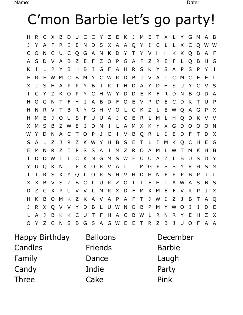 C mon Barbie Let s Go Party Word Search WordMint C mon Barbie Let s Go Party Word Search WordMint