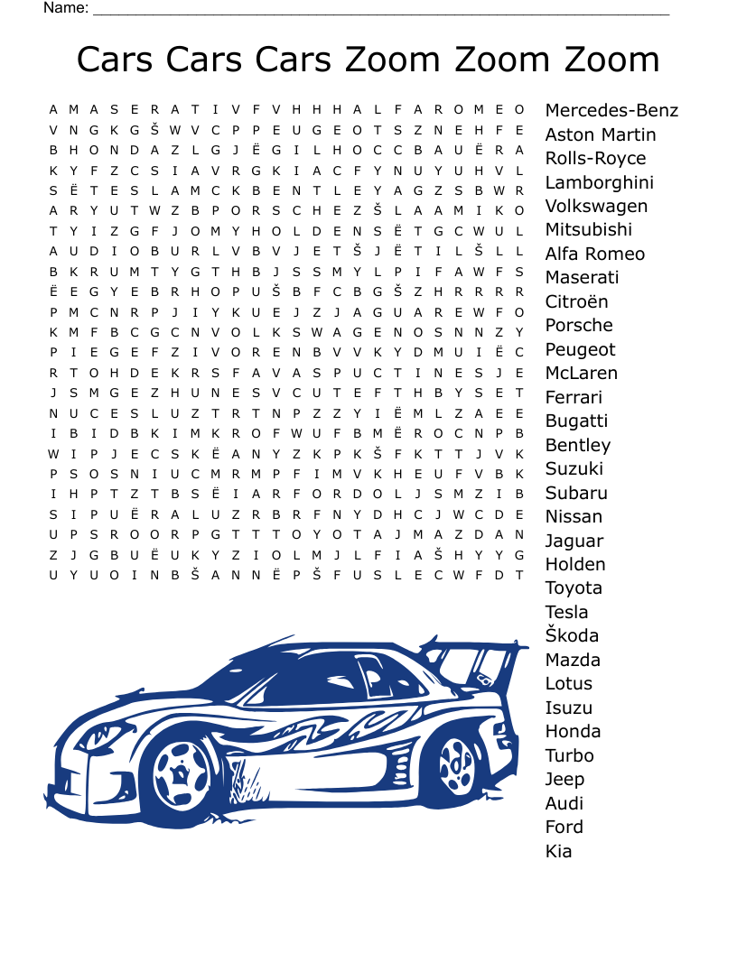 Cars Word Search WordMint