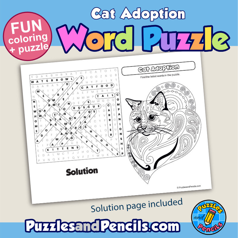 Cat Adoption Word Search Puzzle Activity And Coloring Cat Wordsearch Made By Teachers