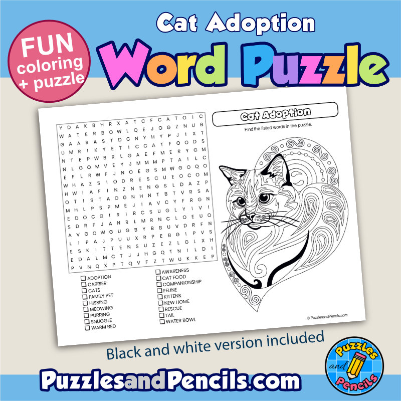 Cat Adoption Word Search Puzzle Activity And Coloring Cat Wordsearch Made By Teachers