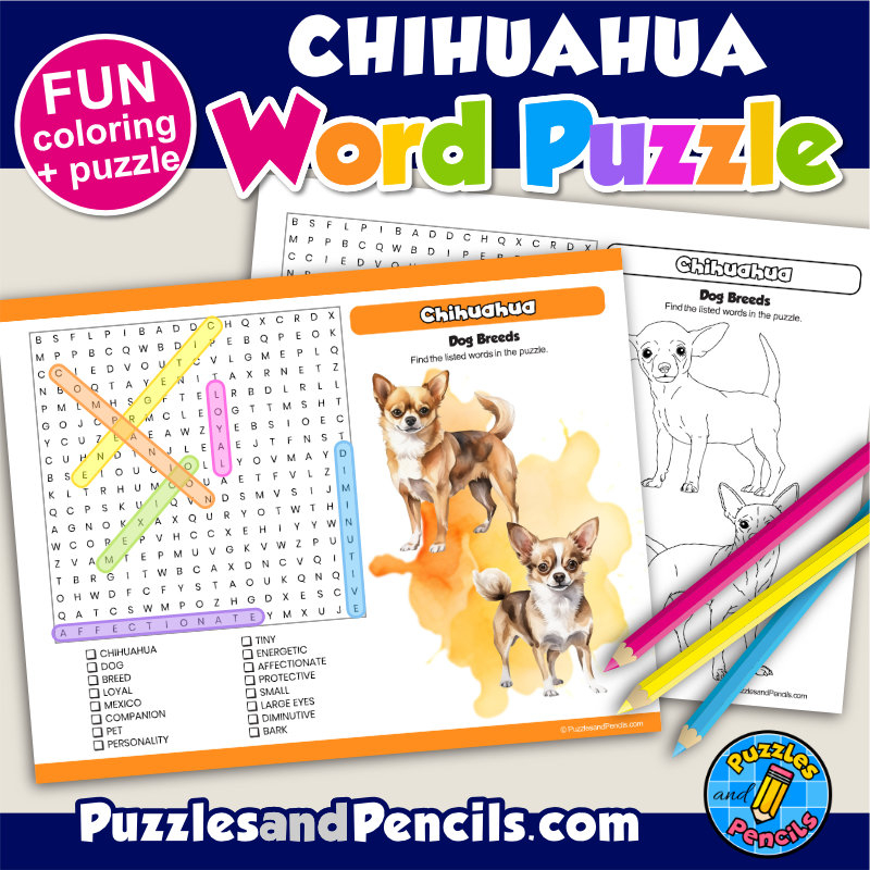 Chihuahua Word Search Puzzle Activity Page And Coloring Dog Breeds Made By Teachers