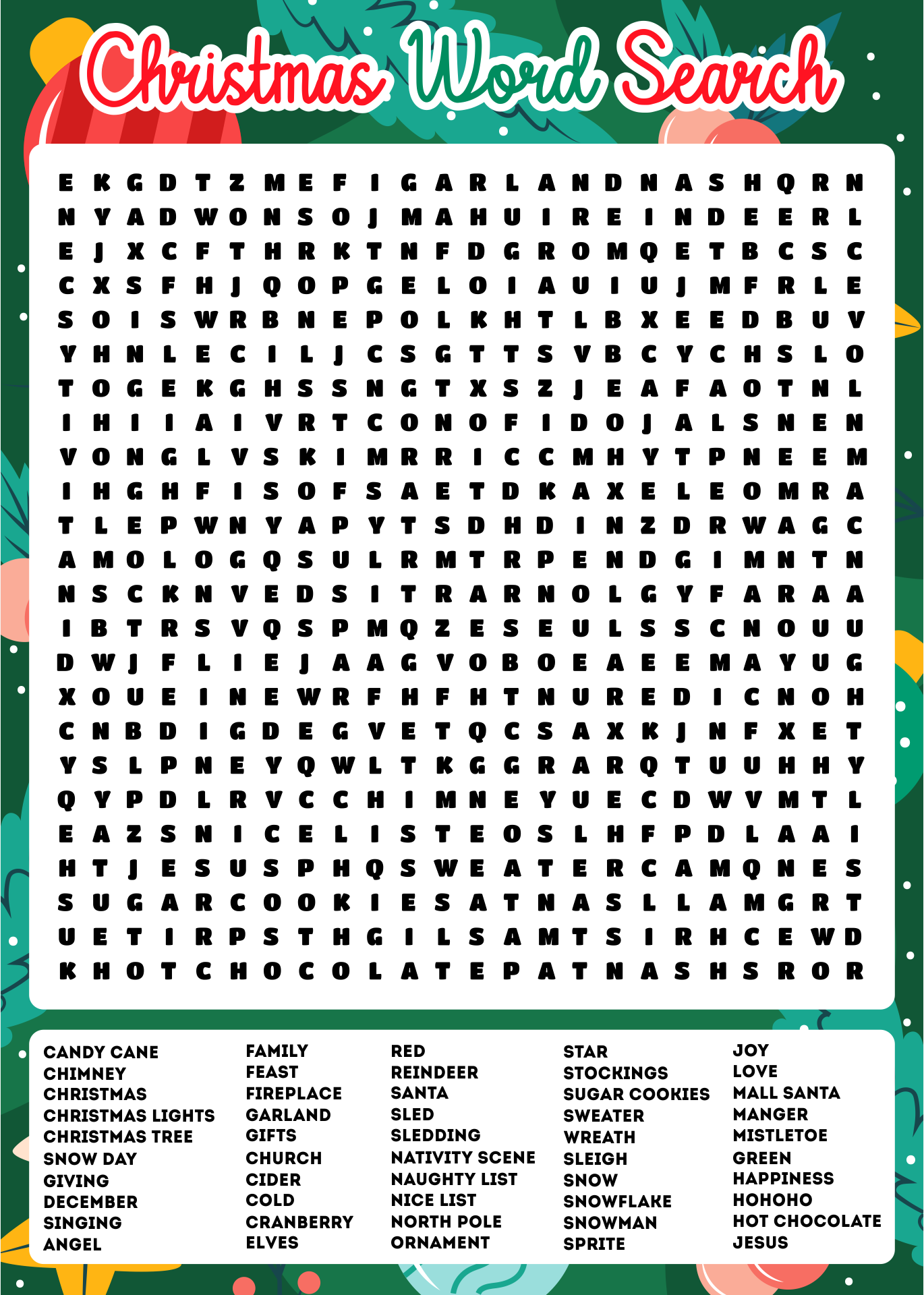 Christmas Word Search Hard Printable