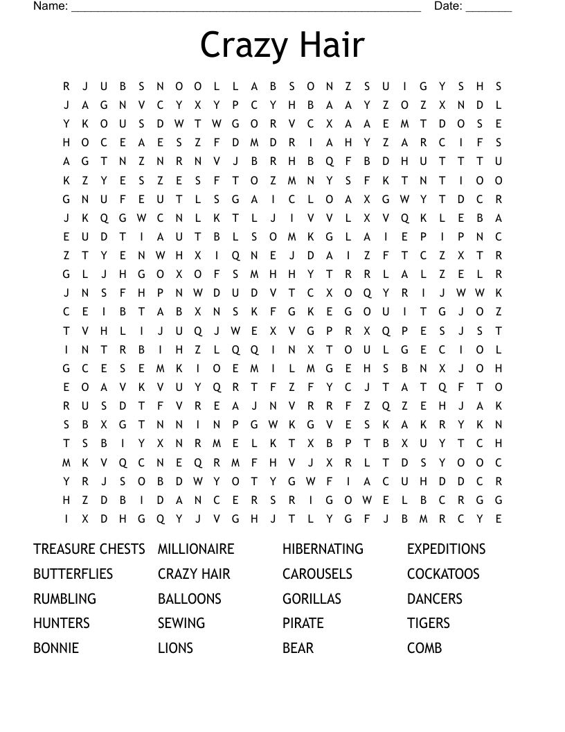 Crazy Hair Word Search WordMint