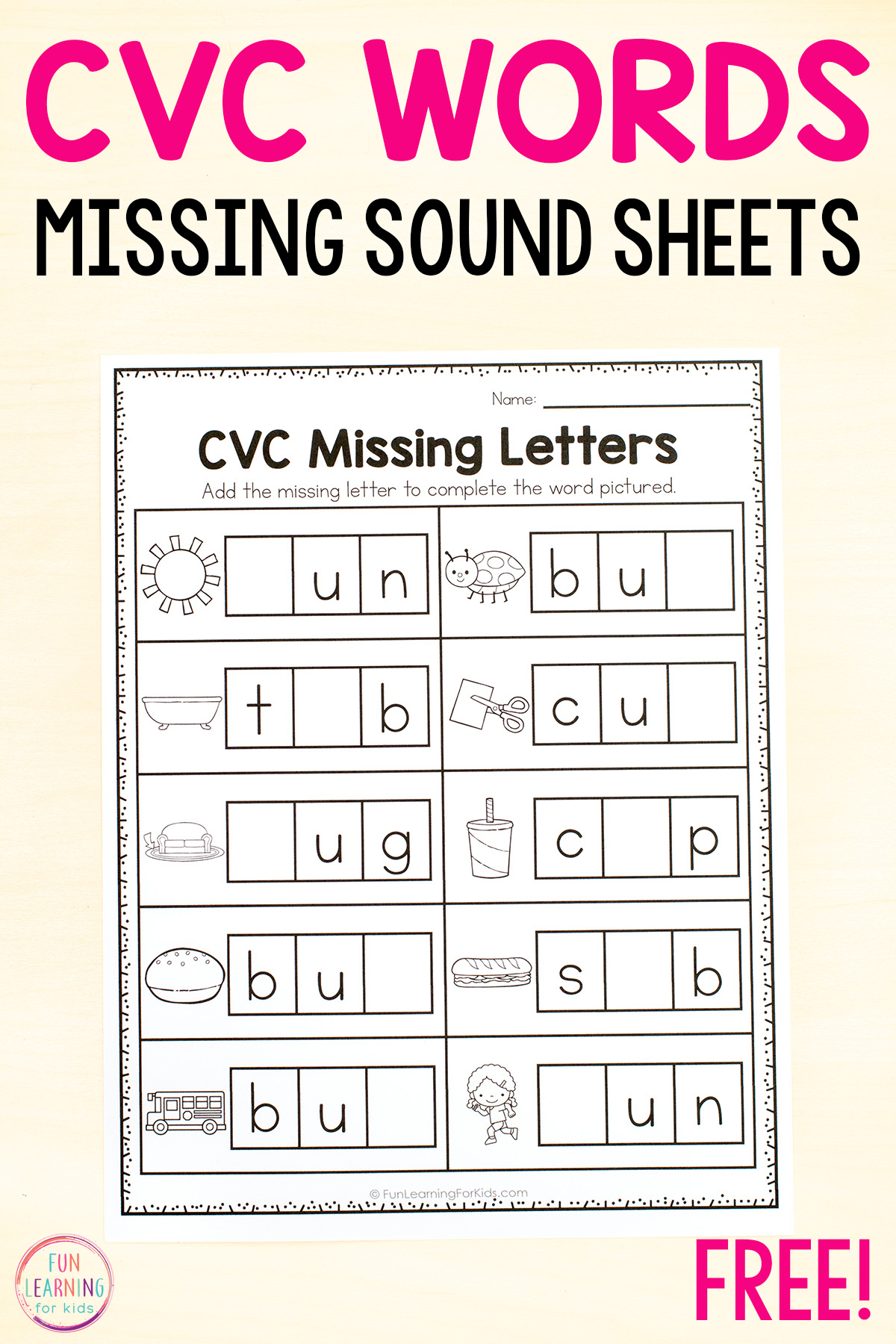 CVC Missing Letter Worksheets For Phonics Practice