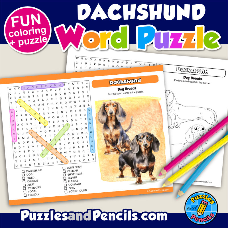 Dachshund Word Search Puzzle Activity Page And Coloring Dog Breeds Made By Teachers