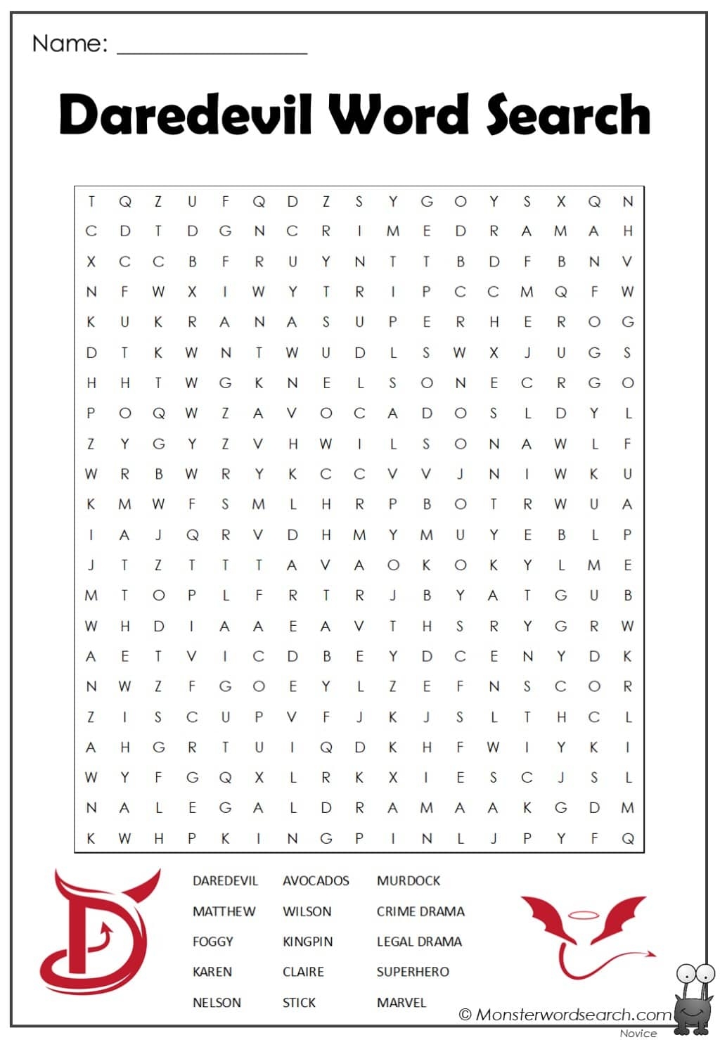 Daredevil Word Search Monster Word Search