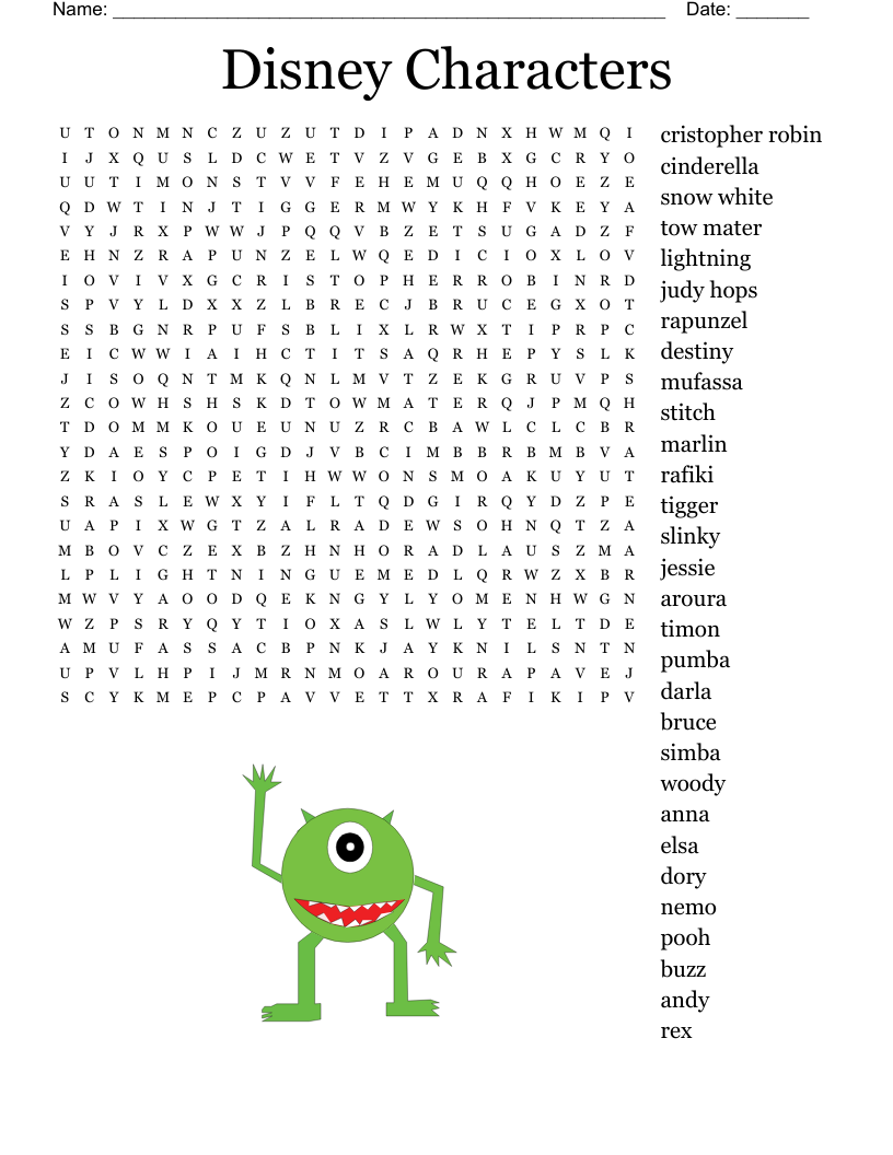 Disney Characters Word Search WordMint
