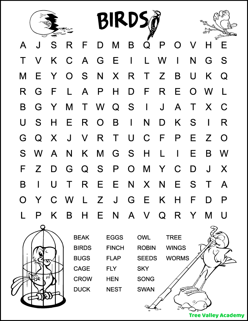 Easy Bird Word Search Tree Valley Academy Easy Bird Word Search Tree Valley Academy