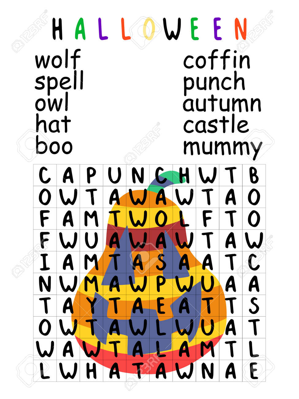 Easy Halloween Word Search Puzzle For Kids Stock Vector Illustration Educational English Word Game For Elementary And Middle School Students Funny Word Search Printable Vertical Children Worksheet Royalty Free SVG Cliparts Vectors 