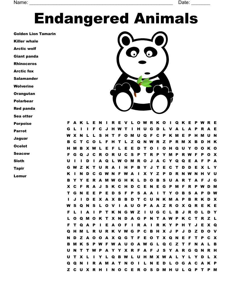 Endangered Animals Word Search WordMint Endangered Animals Word Search WordMint