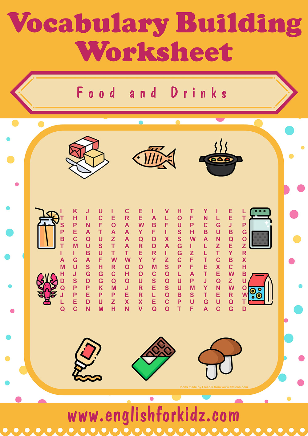 English For Kids Step By Step Food Drinks Word Search Puzzles