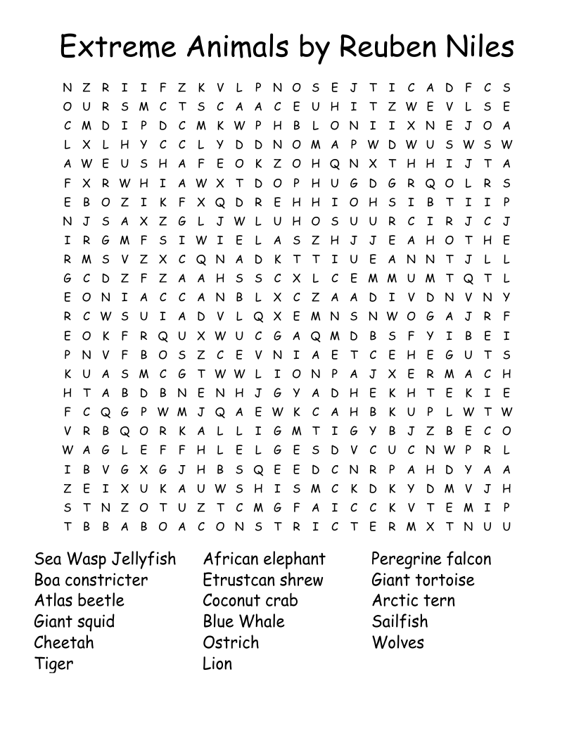 Extreme Animals By Reuben Niles Word Search WordMint