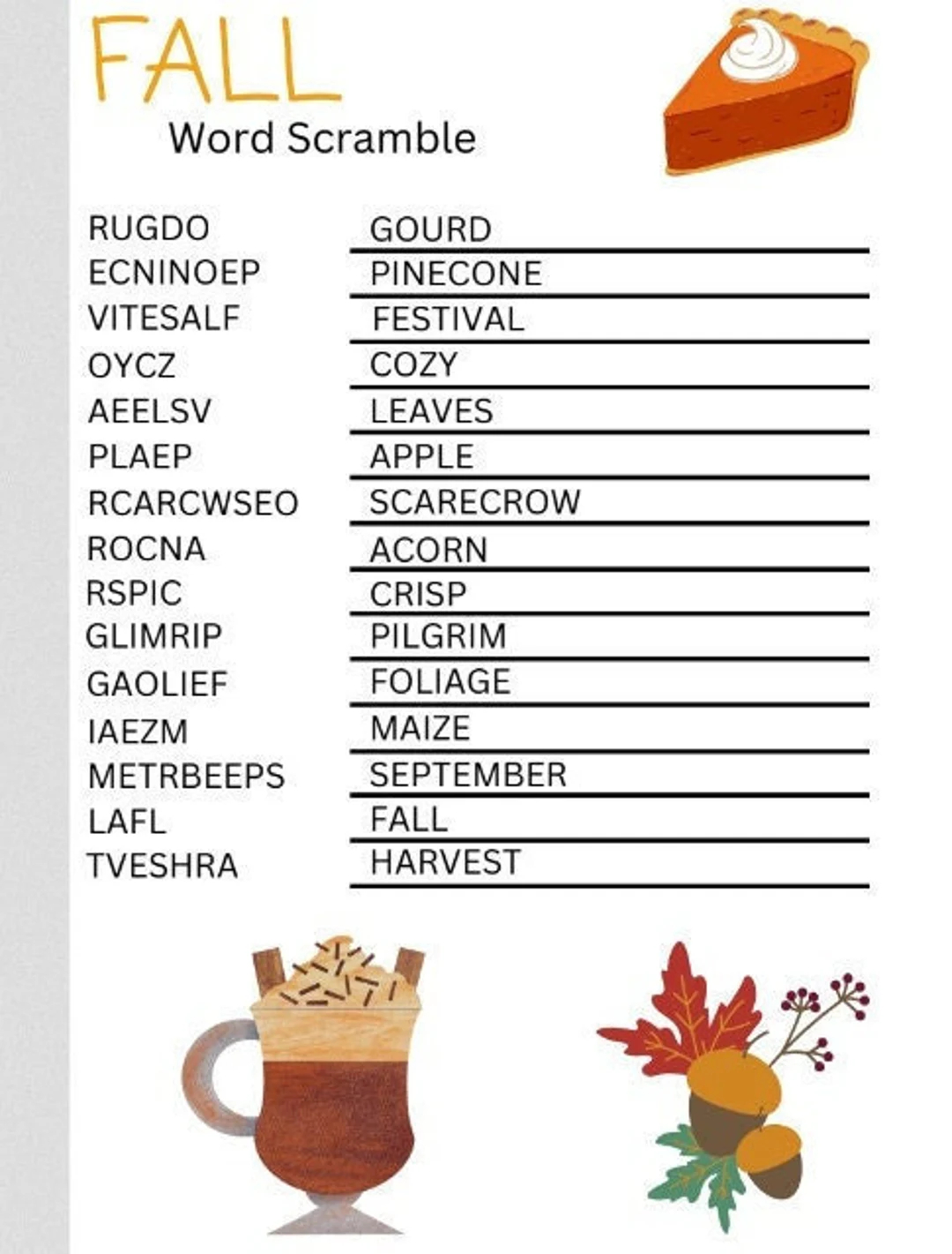 Fall Word Scramble Printables Fall Word Search Activity Printable Hard For Grades To Adult 