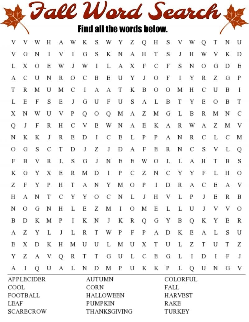 Free Printable Fall Word Search For Adults