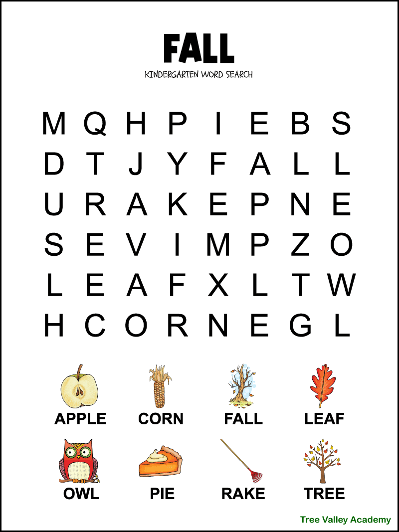 Fall Word Search For Kindergarten Tree Valley Academy Worksheets Library
