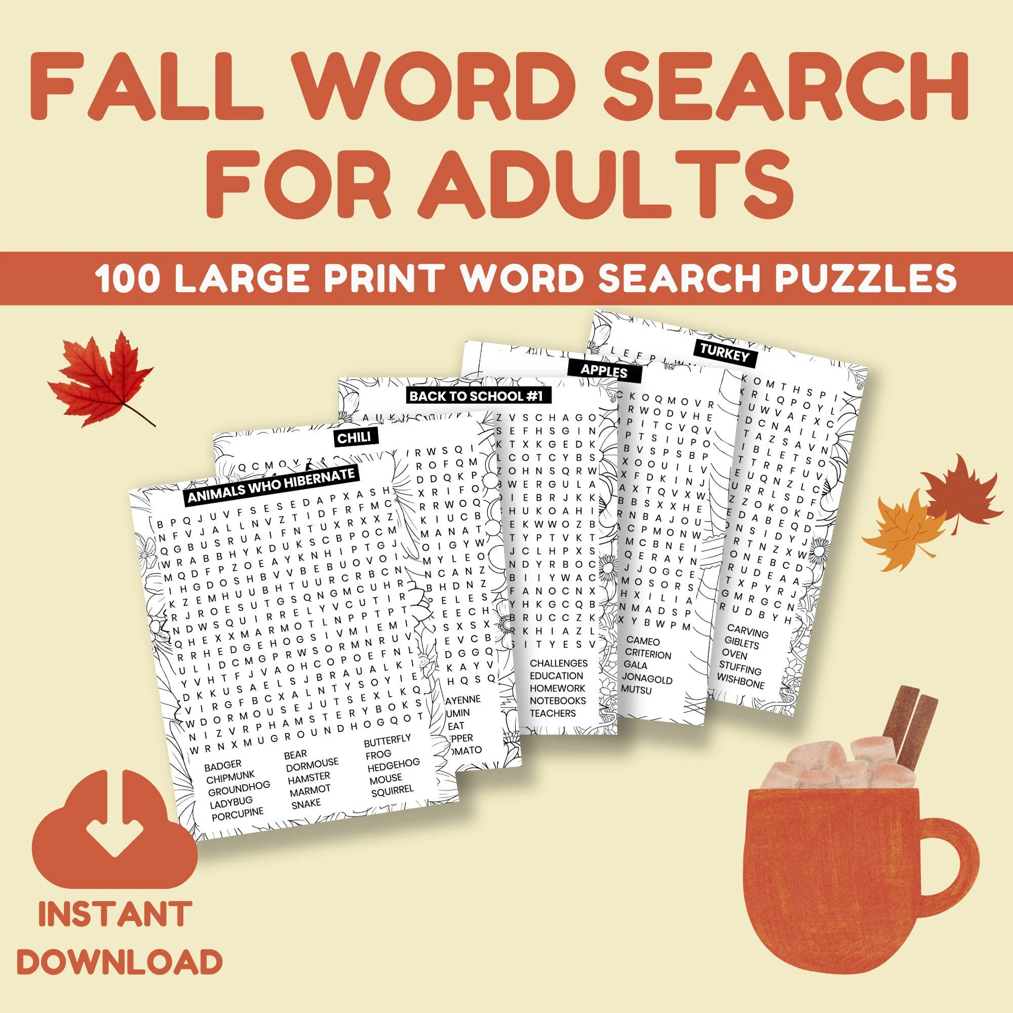fall word search printable large print autumn puzzle for adults cozy fall activities instant download game etsy