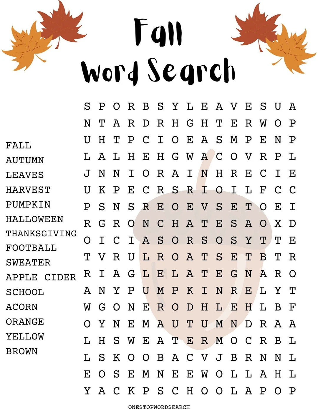 Autumn Word Search Free Printable