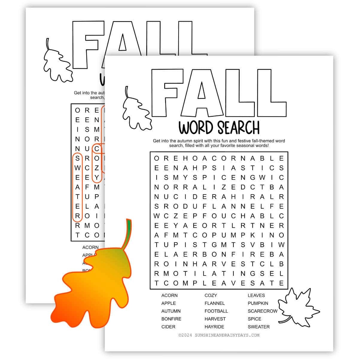 fall word search sunshine and rainy days