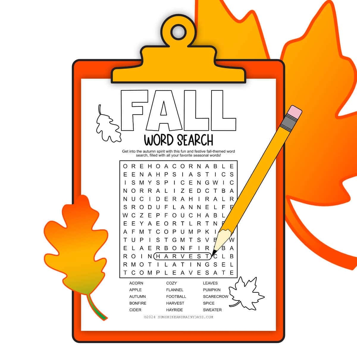 fall word search sunshine and rainy days