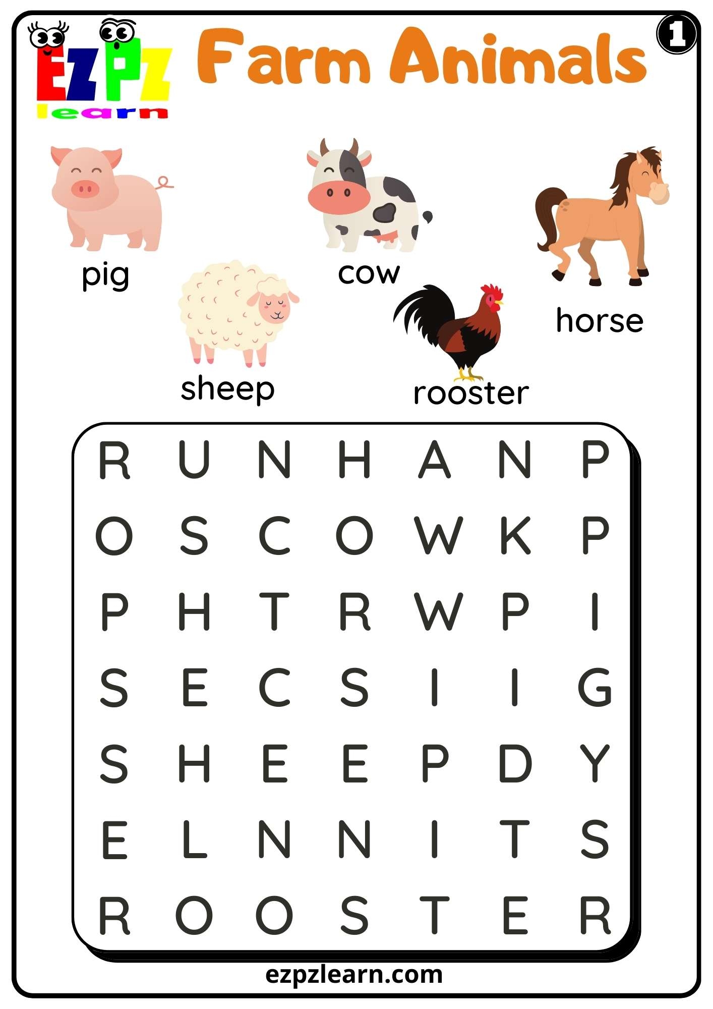 Farm Animals Word Search Worksheet For Kindergarten Or ESL Students Free PDF Download Set 1 Ezpzlearn