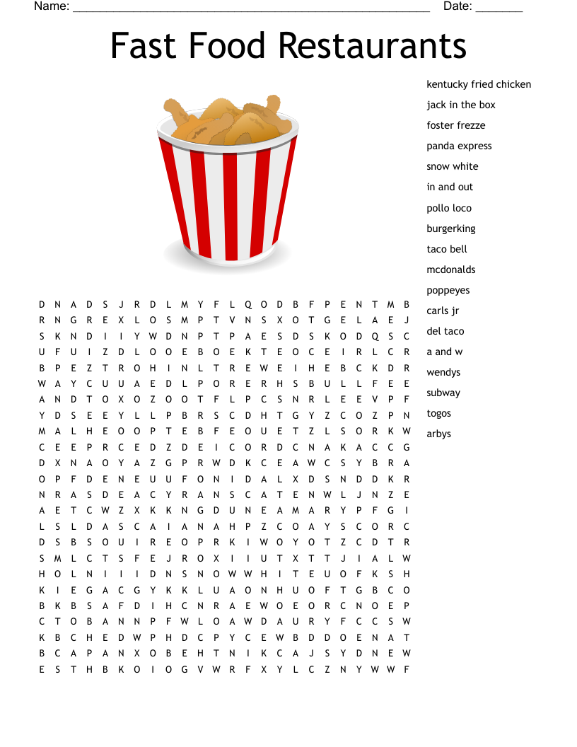 Fast Food Word Search WordMint