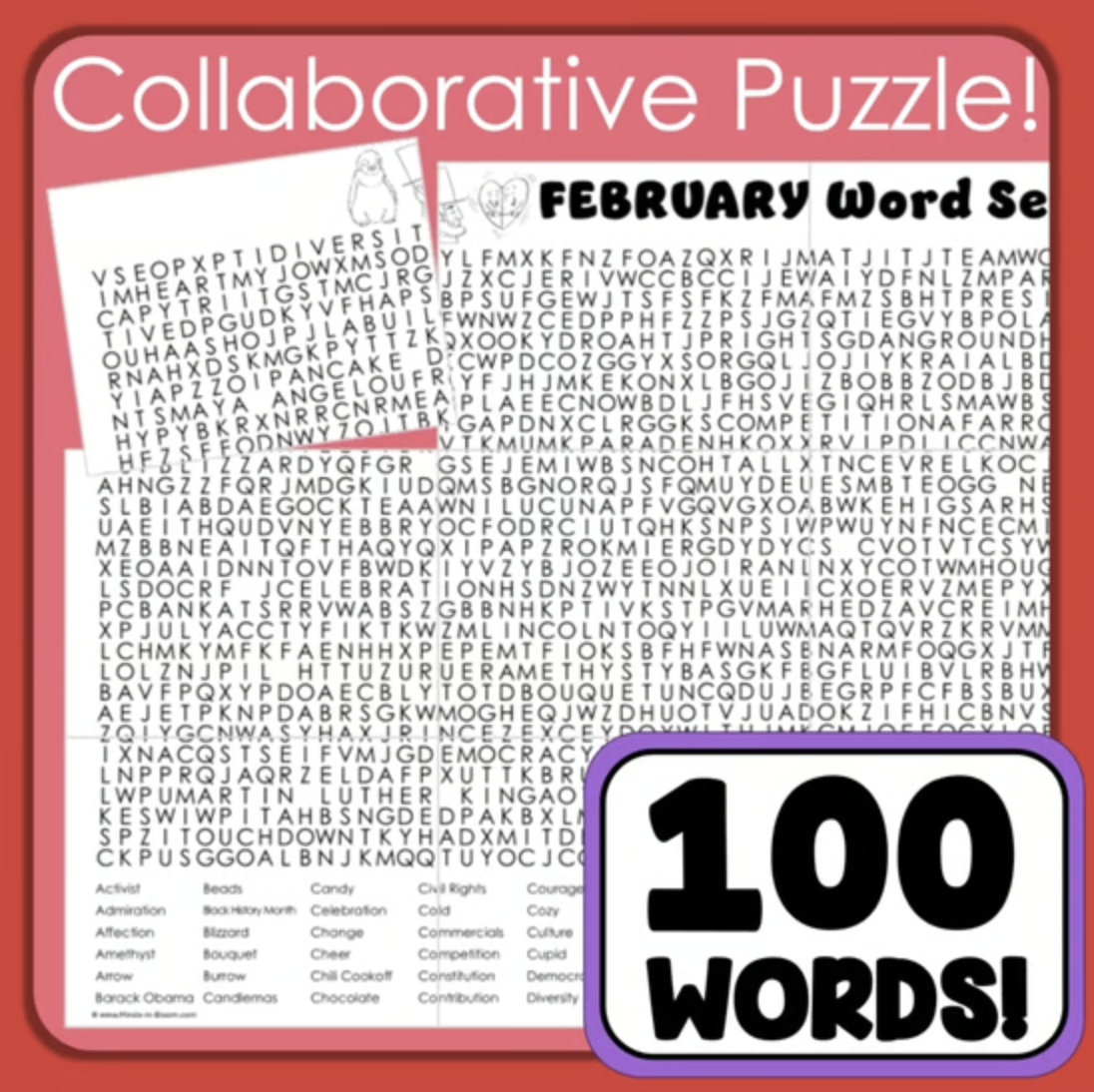 February Word Search Includes Black History Month Presidents Day Valentines