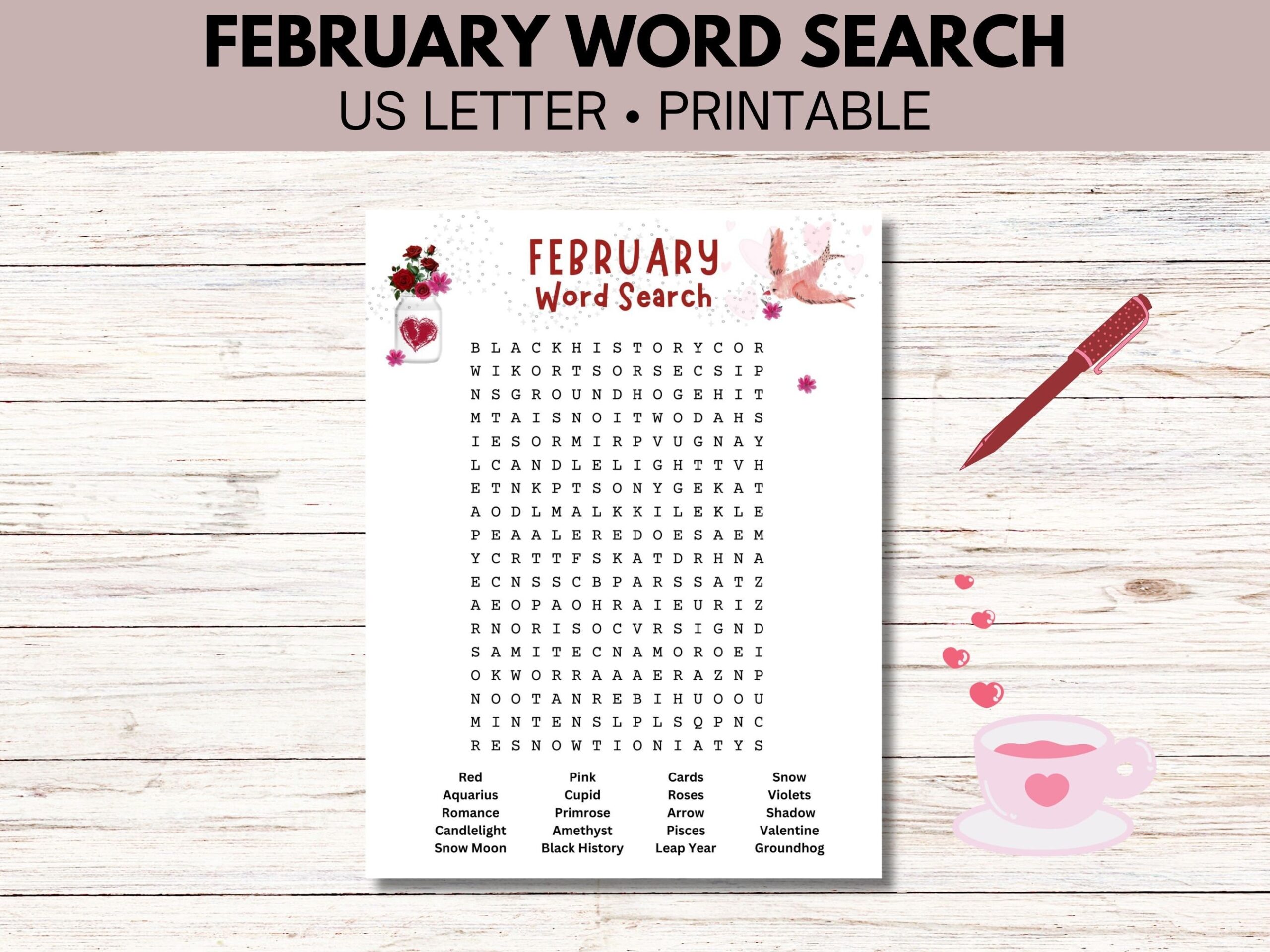 February Word Search Printable Winter Word Find Valentine s Day Word Hunt Etsy