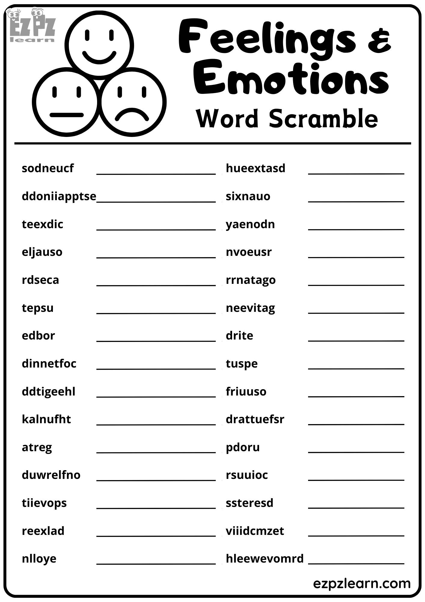 Feelings And Emotions Vocabulary Word Scramble Activity 30 Words Free Downloadable PDF Ezpzlearn