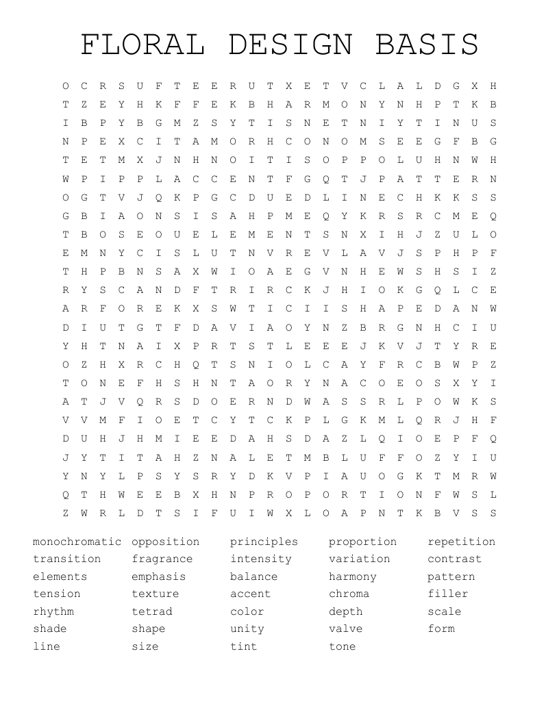 FLORAL DESIGN BASIS Word Search WordMint