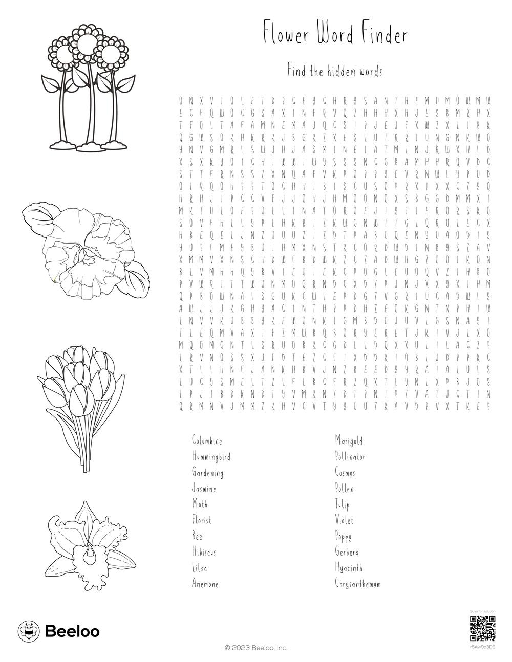 Printable Flower Word Search Puzzle