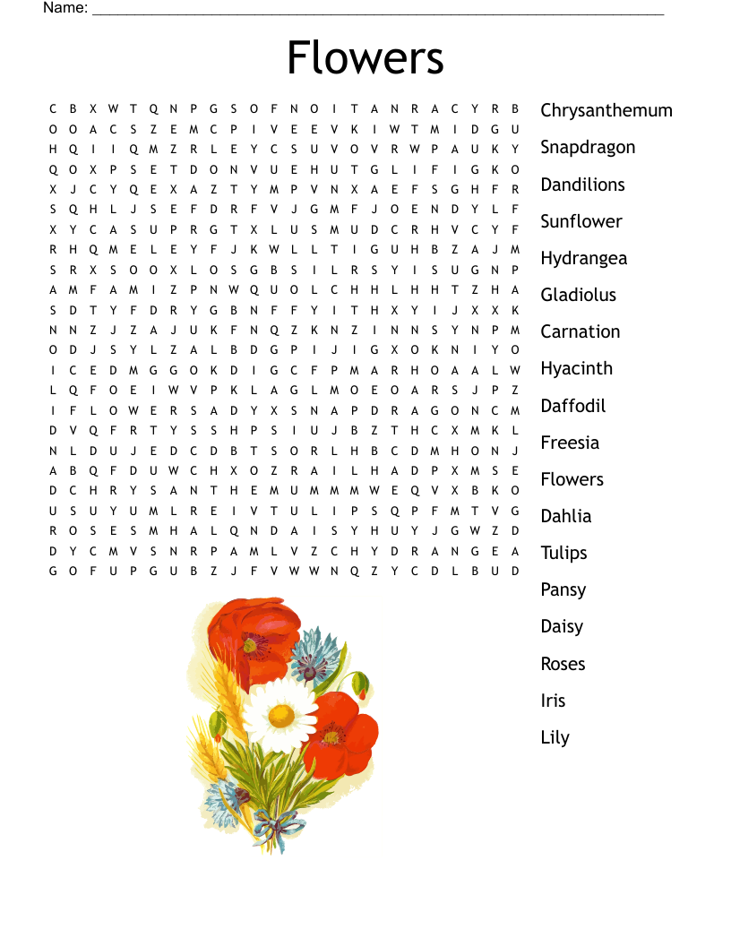 Spring Flower Word Search Printable