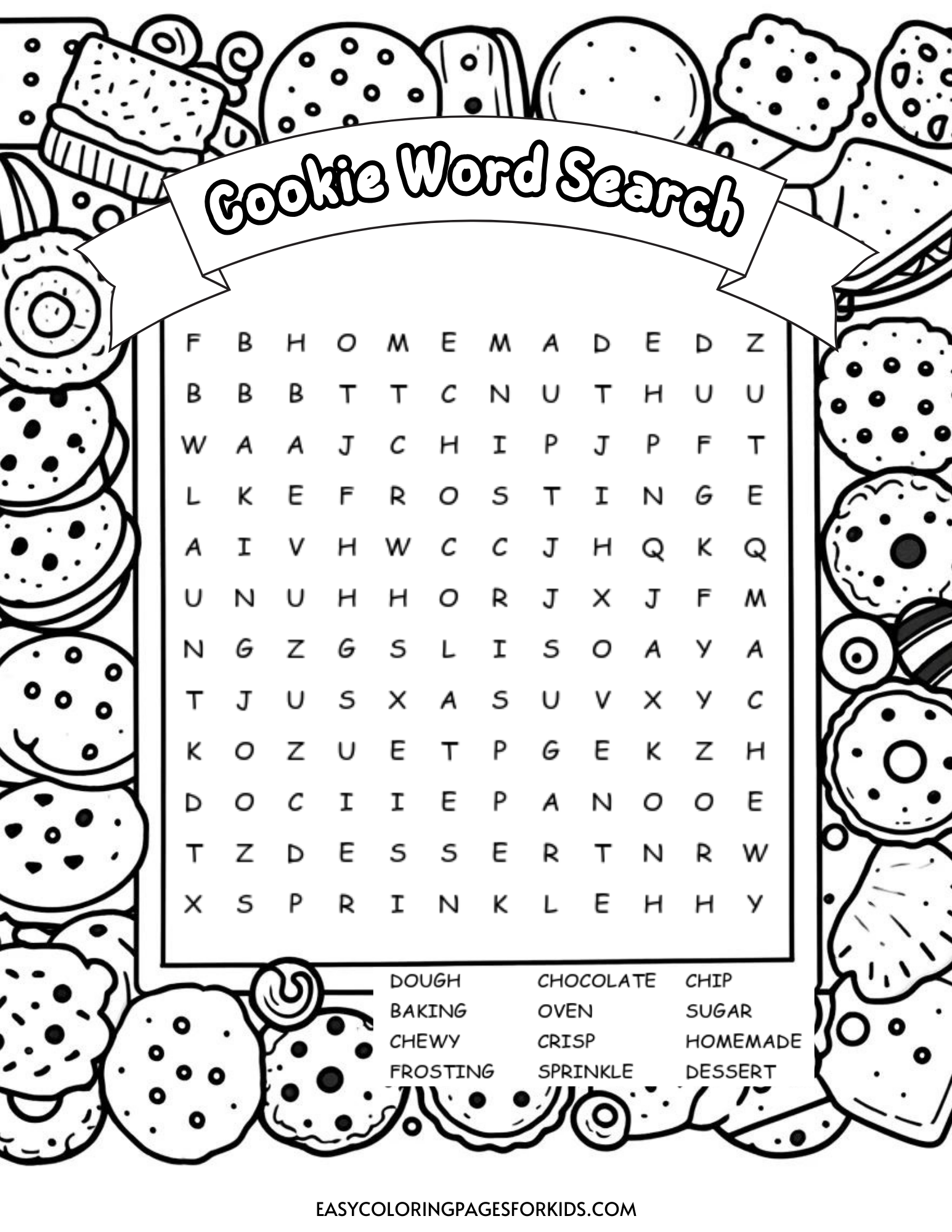 free printable cookie word search for kids easy coloring pages