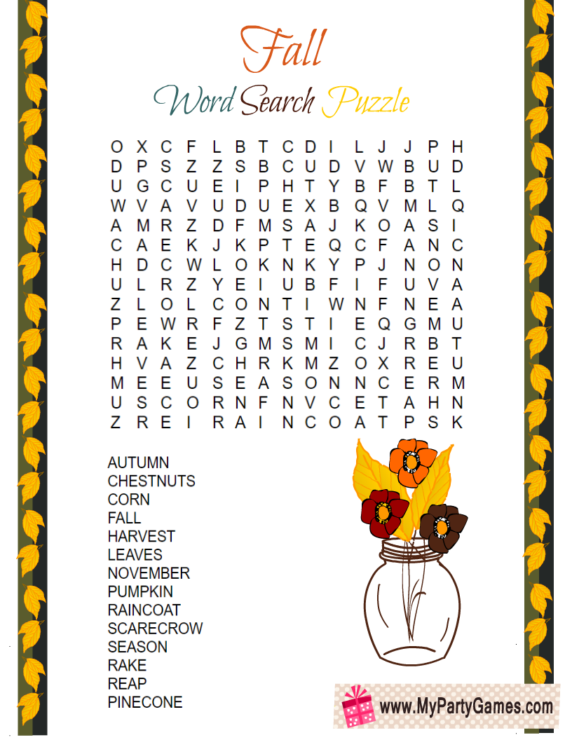 free printable fall word search puzzle with solution
