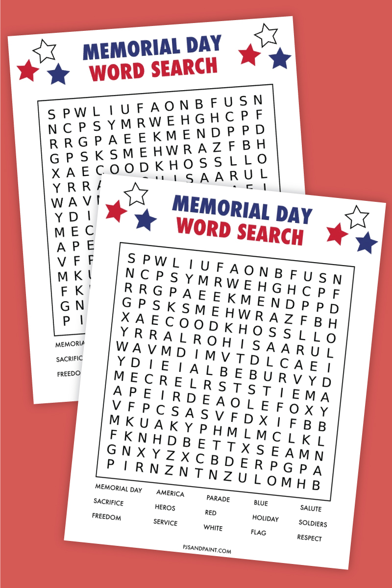 Free Printable Memorial Day Word Search Pjs And Paint