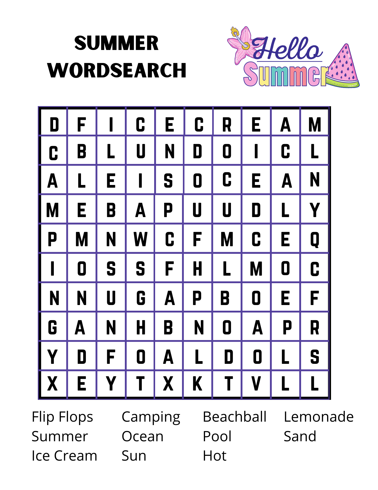 Word Search Summer Print Out